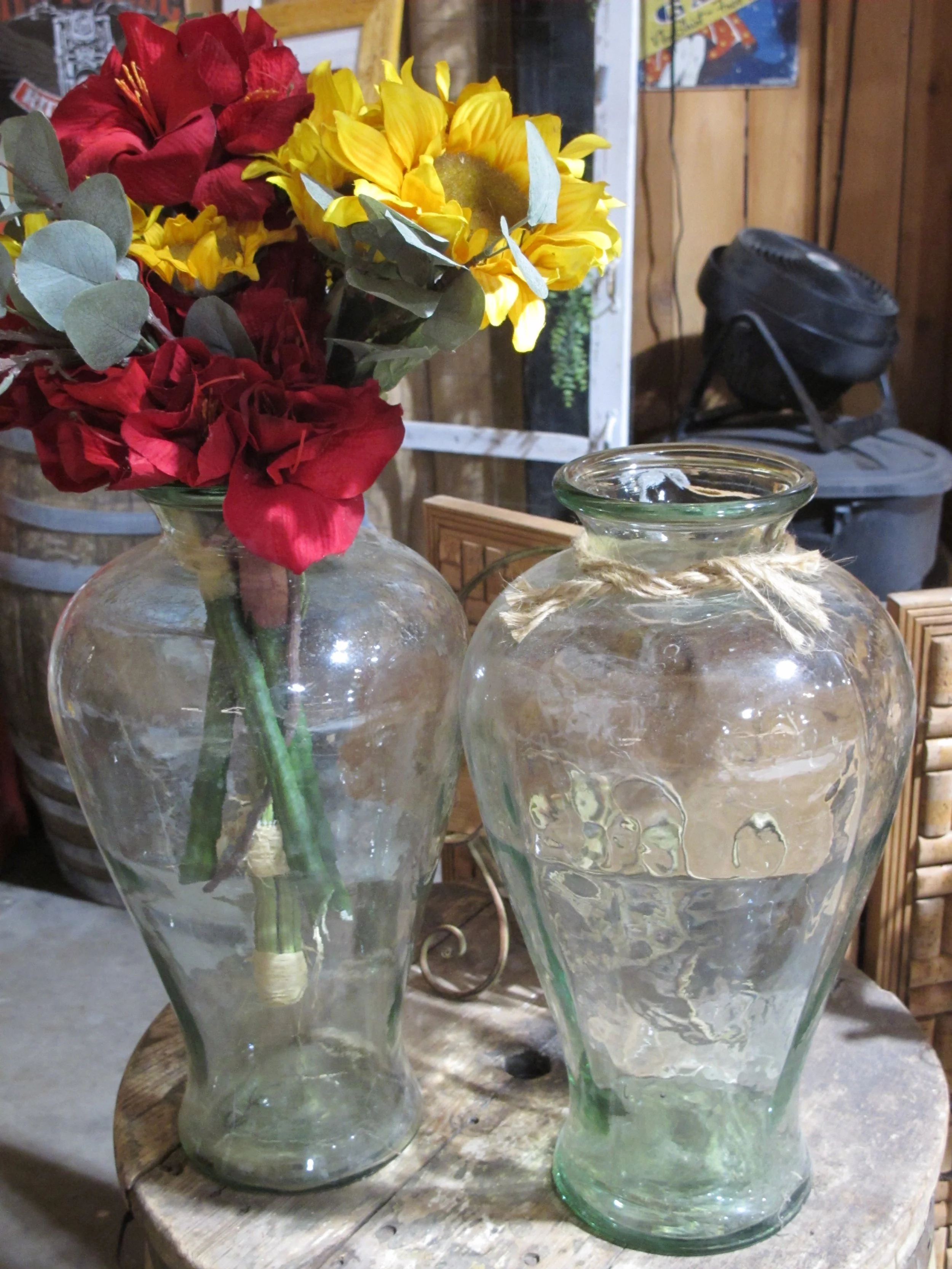 (D44) Tall Green Glass Urn Vase