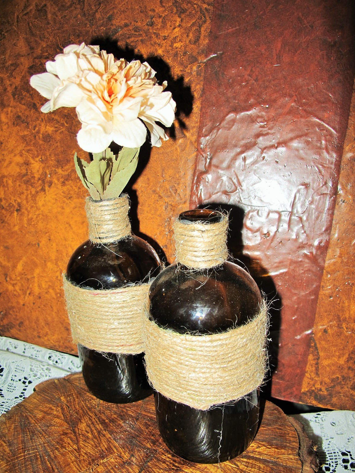 (D12)  Twine-Wrapped Brown Bottles .65" (17 pc LOT)