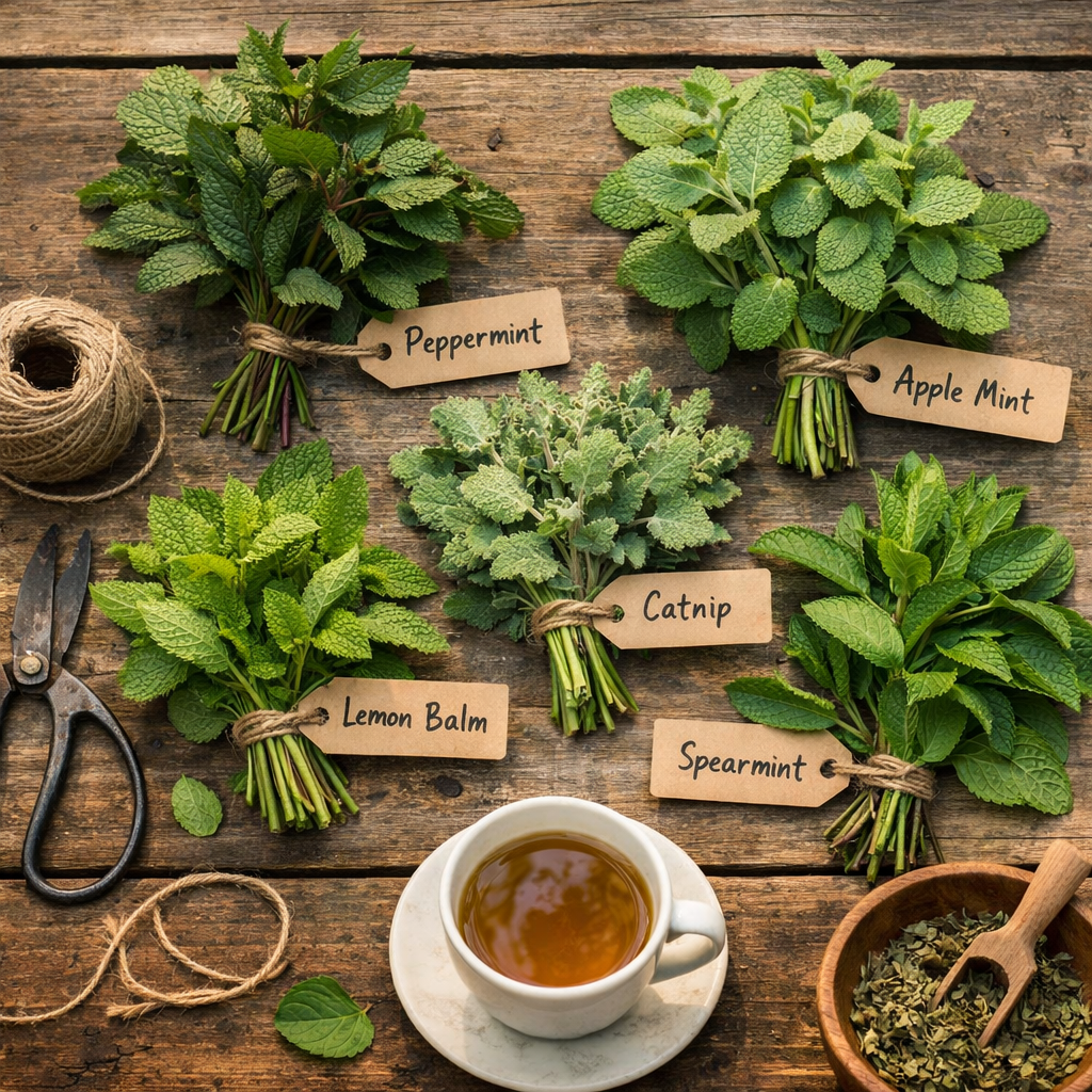 Bundles of fresh herbs including peppermint, apple mint, lemon balm, catnip, and spearmint labeled with handwritten tags, along with a cup of herbal tea, a pair of scissors, and a bowl of dried herbs on a rustic wooden table.