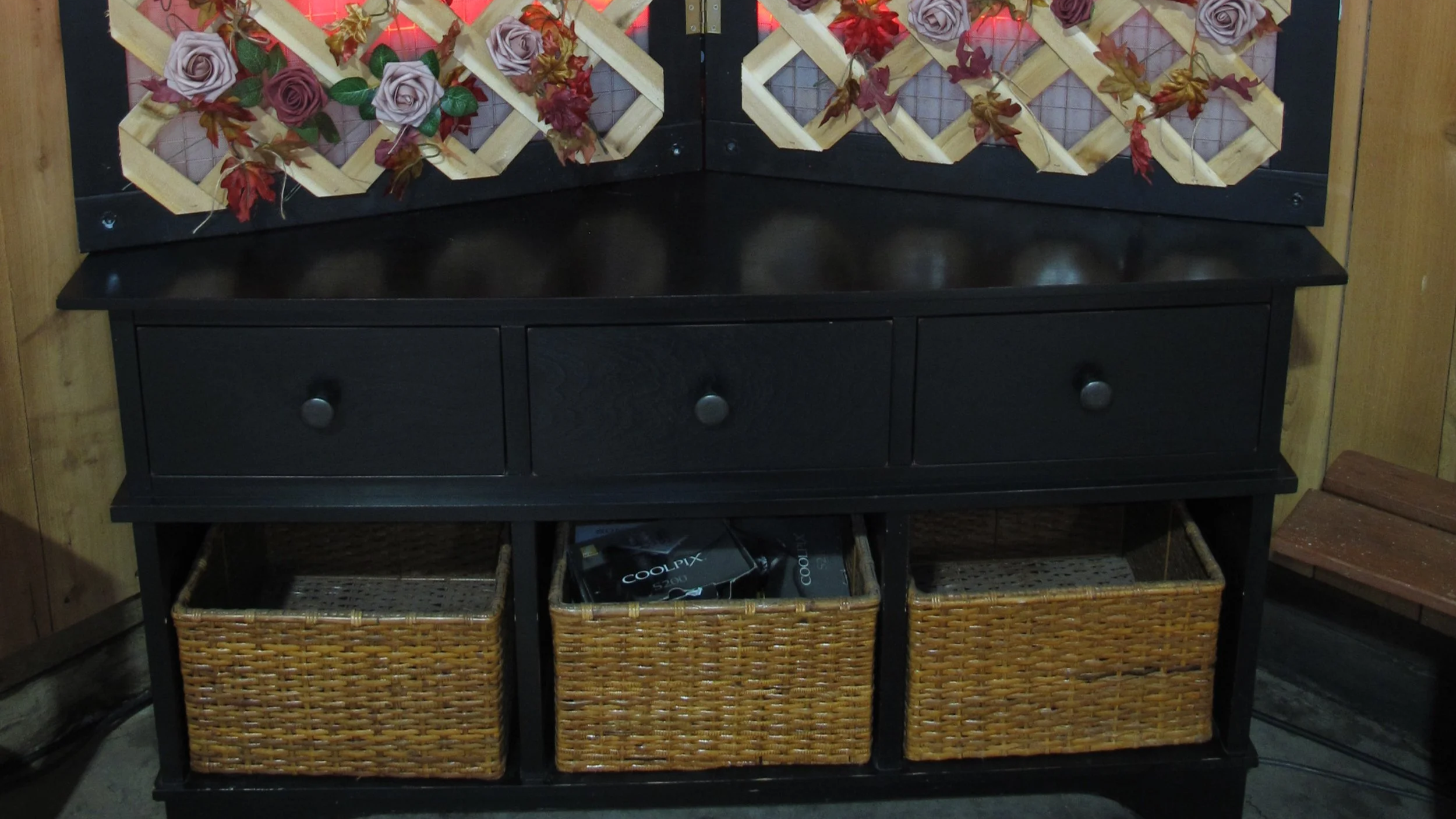 (FF02) Black Side Board / Credenza with Wicker Baskets