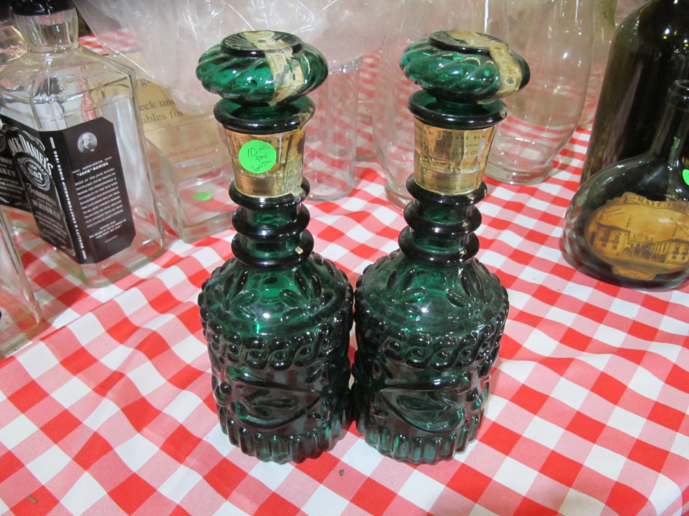 (D37) Emerald Green Vintage Jim Beam Bottle (set of 2)