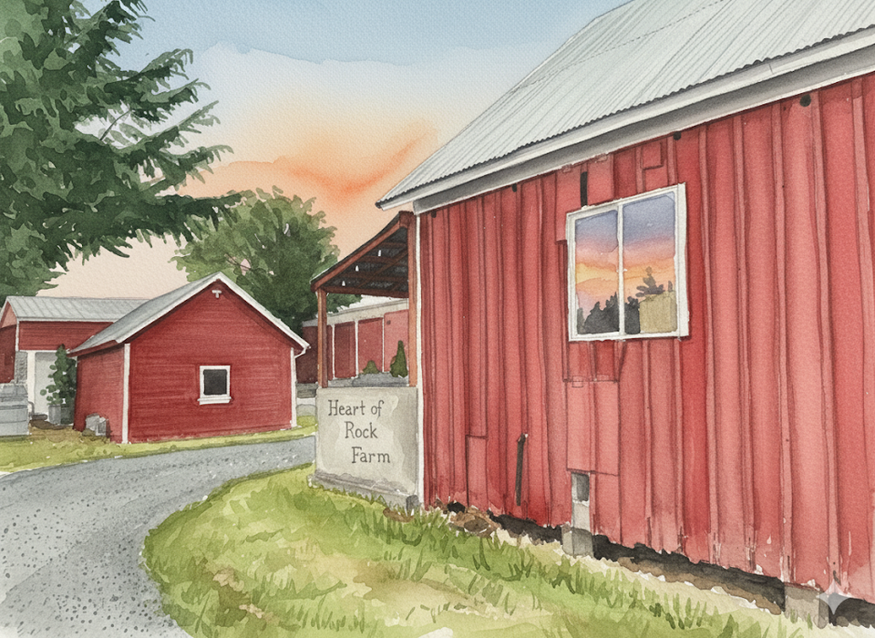 Watercolor painting of a farm scene at sunset, featuring red barns, a sign reading 'Heart of Rock Farm,' a dirt path, lush green grass, and trees.
