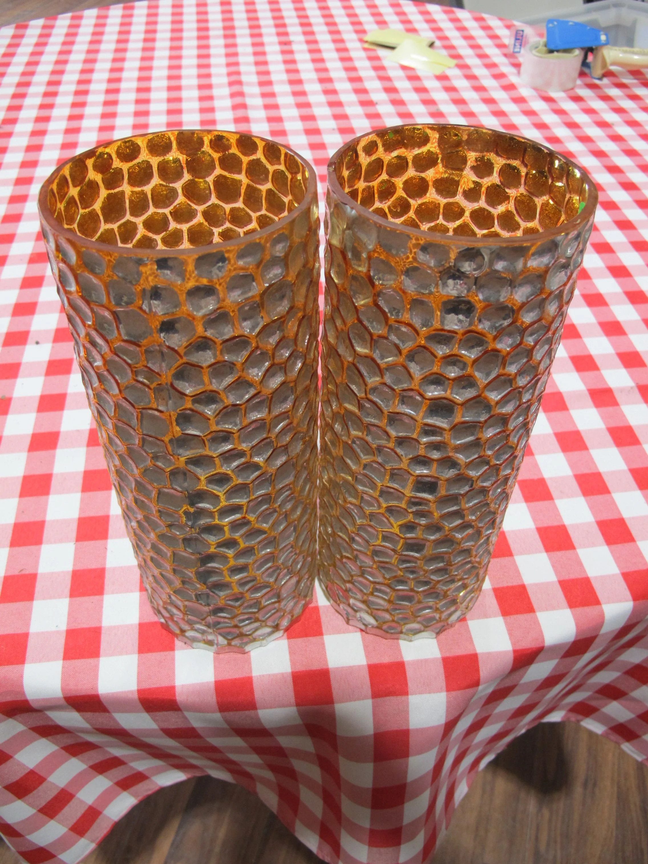 (D19) Two Rose Gold & Silver Cylinder Vases/Candle Holders