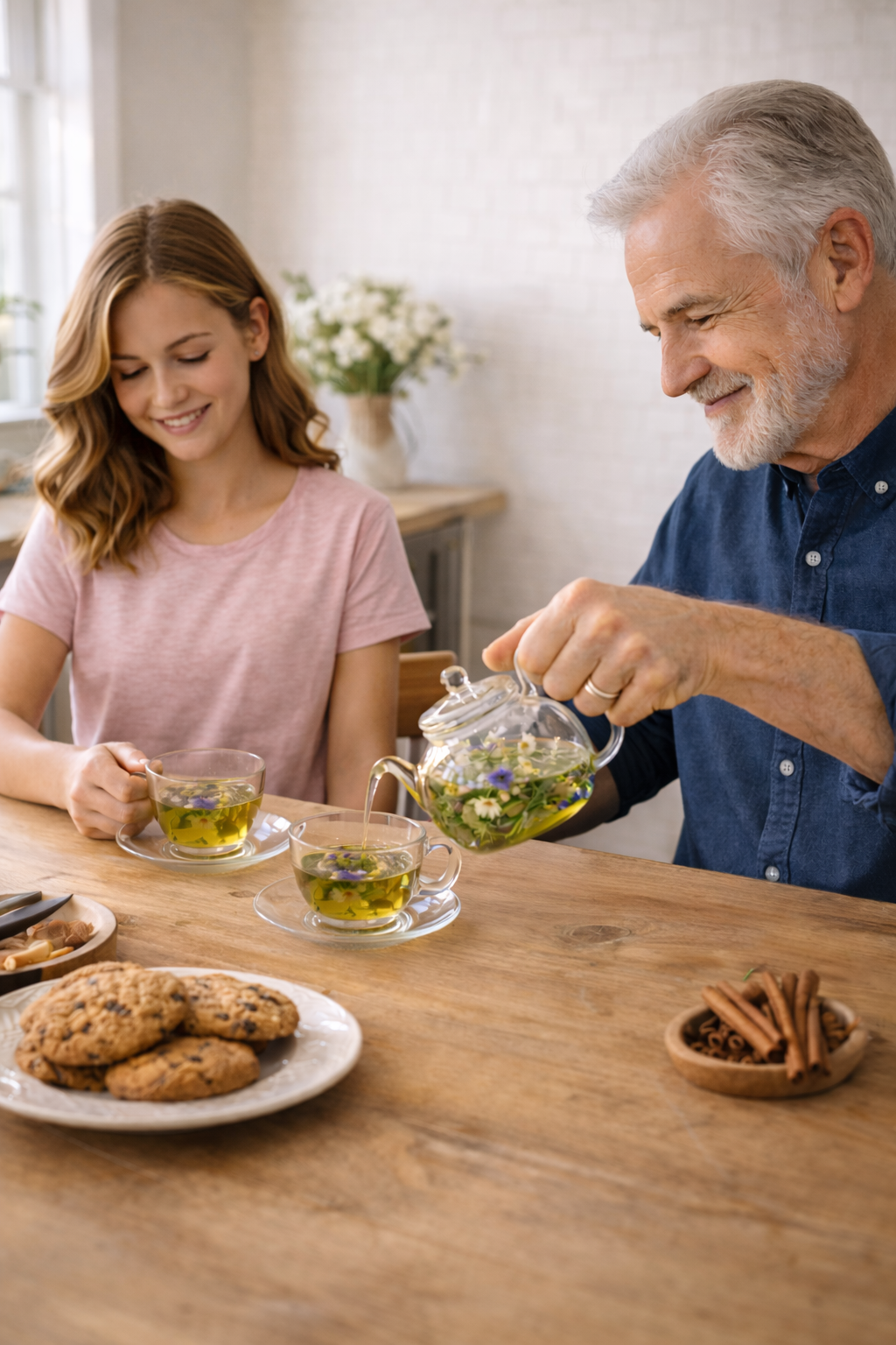 An elderly man and a young girl sitting at a table, smiling as the man pours tea infused with flowers from a glass teapot. There are two cups of tea with flowers, a plate of cookies, and a bowl of cinnamon sticks on the table in a bright kitchen setting.