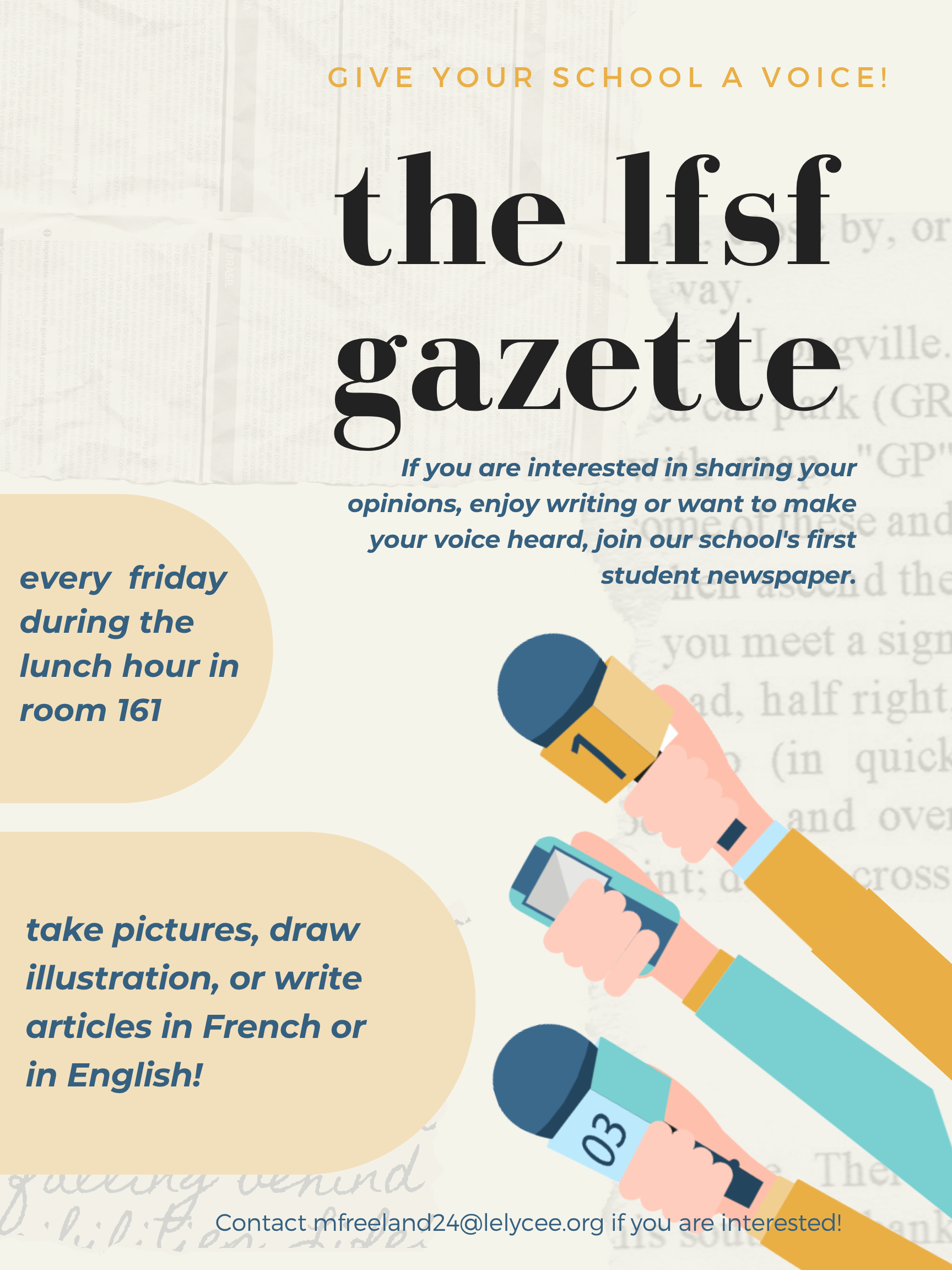 Flyer for the LFSF Gazette, Student-Led Newspaper