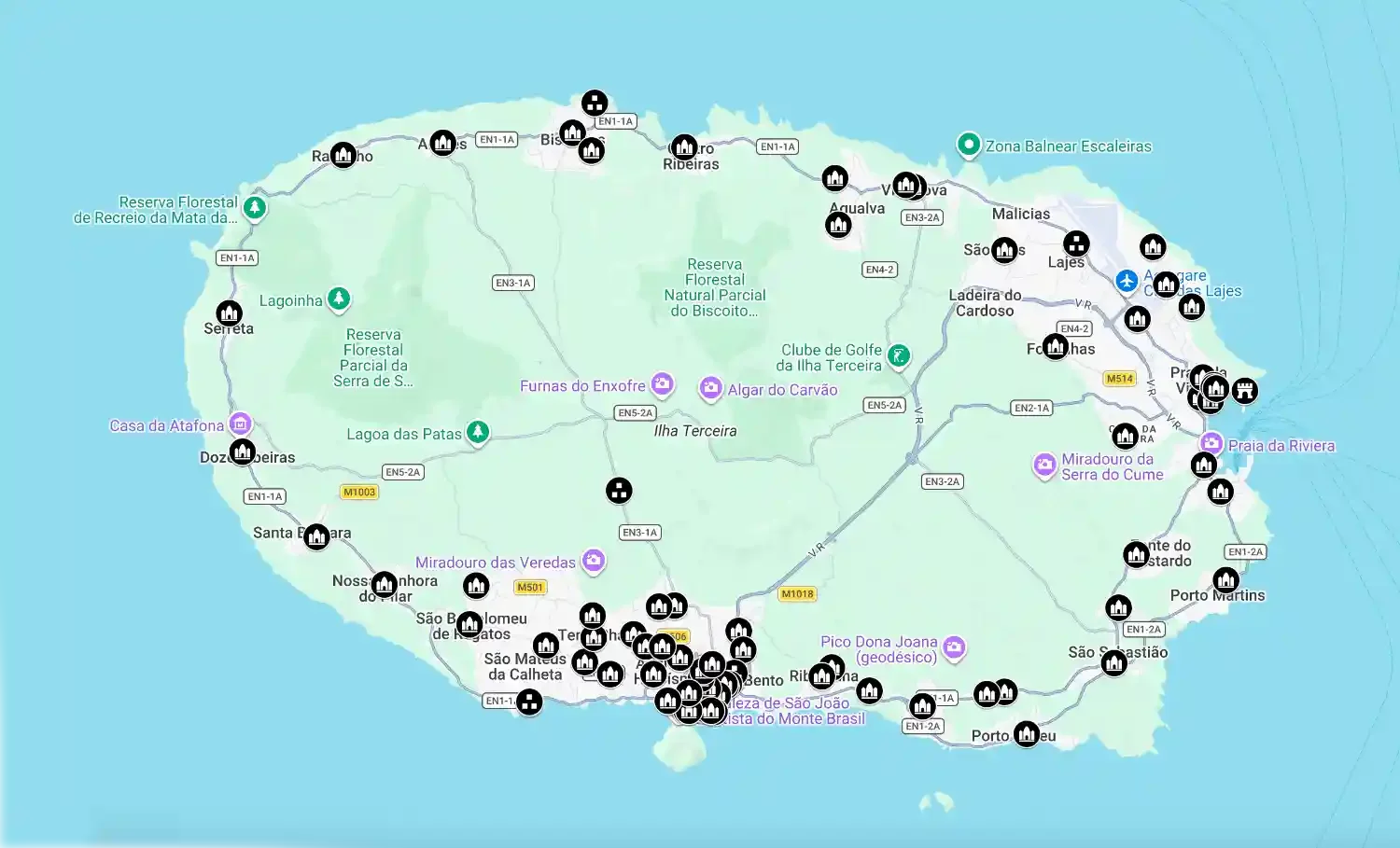 A map of the island of Madeira with locations marked by icons indicating points of interest, bunkers, and natural reserves.