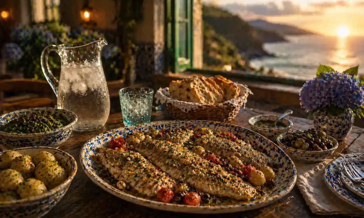 A scenic outdoor dining setup at sunset with a view of the ocean. The table has a large dish of grilled fish garnished with herbs and vegetables, bowls of olives, a bowl of small round cheese balls with herbs, a basket of bread, a pitcher and glass of water, and a vase with purple flowers.