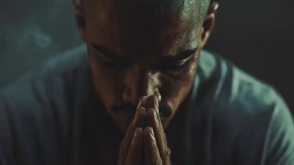 A young man with dark skin has his hands pressed together in a prayer or prayer-like position with his eyes closed, head slightly bowed, in a moment of reflection or prayer.