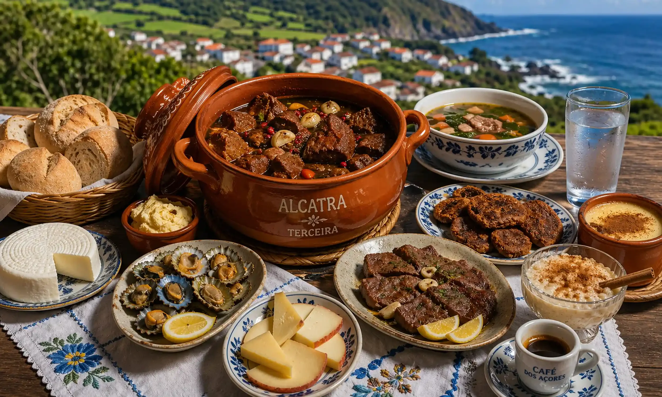 A traditional Portuguese meal spread on a table overlooking a scenic coastline with houses and green hills, including beef stew in a clay pot labeled 'Altra Terceira,' bread rolls, cheese, various meats, olives, lemon slices, a bowl of soup, and a glass of water.