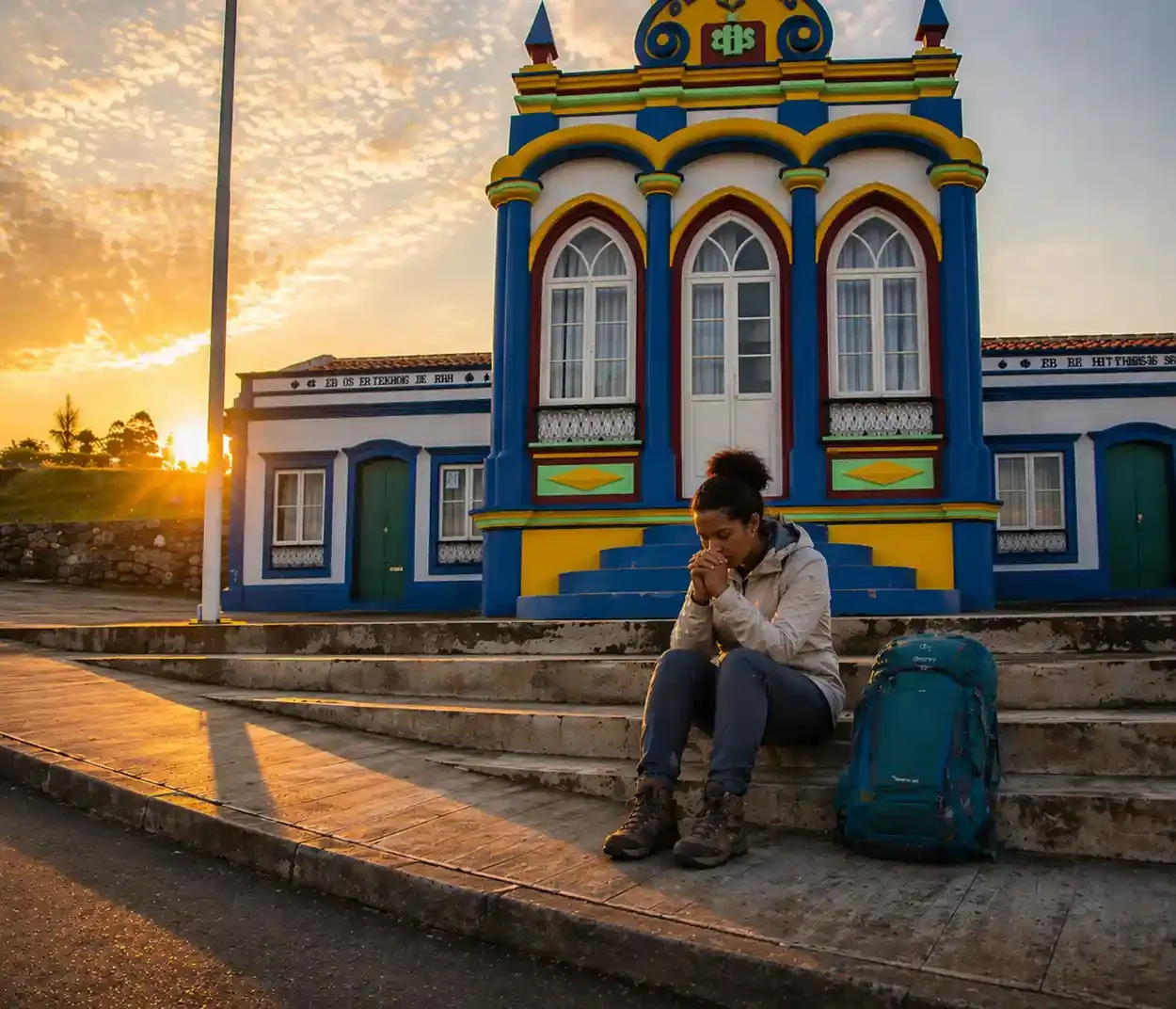 Woman praying in front of a Holy Spirit Chapel on the island of Terceira