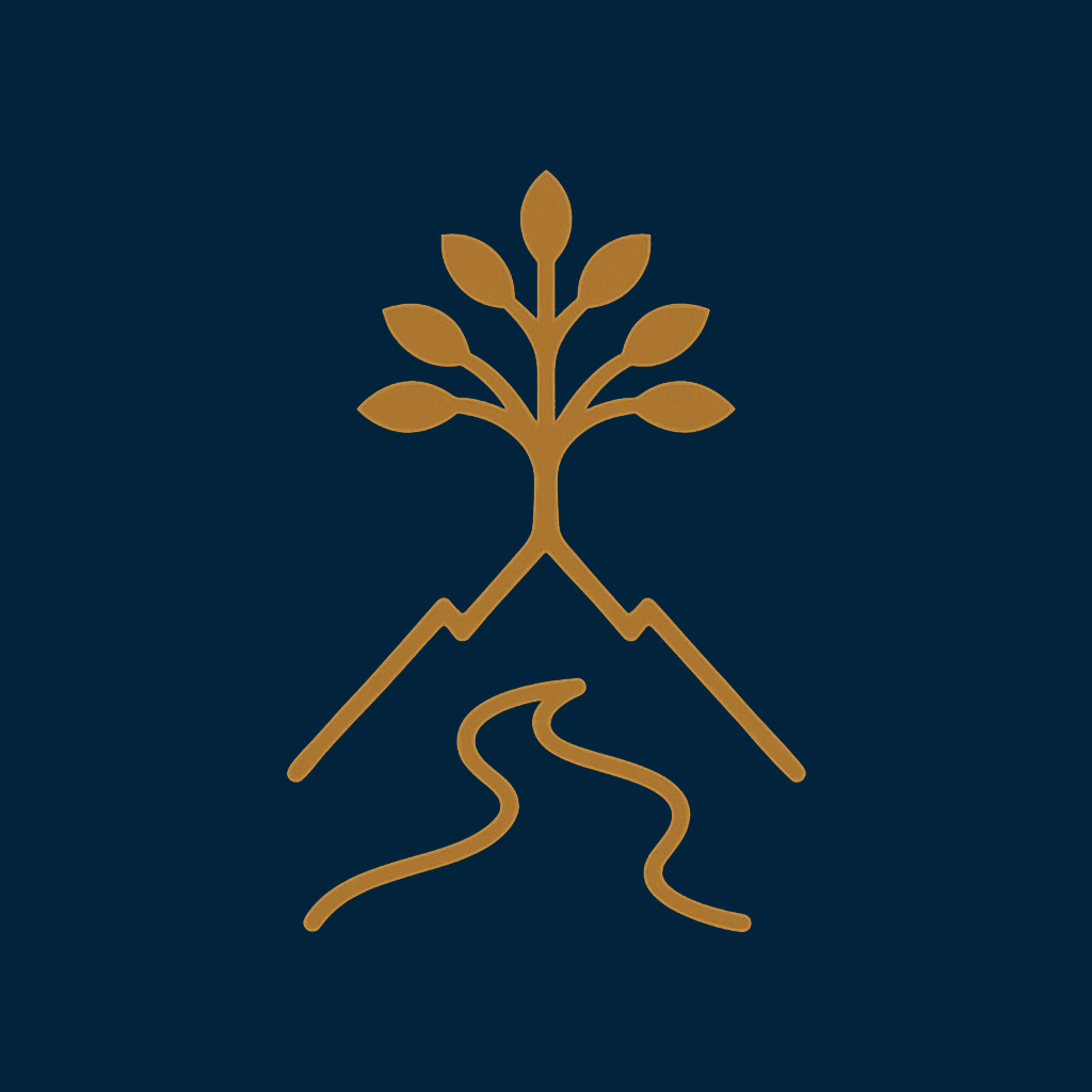 Gold-colored stylized tree with mountain and river on a dark blue background.
