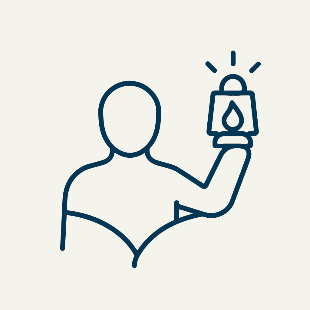 Outline illustration of a person holding a lantern with a flame at night.