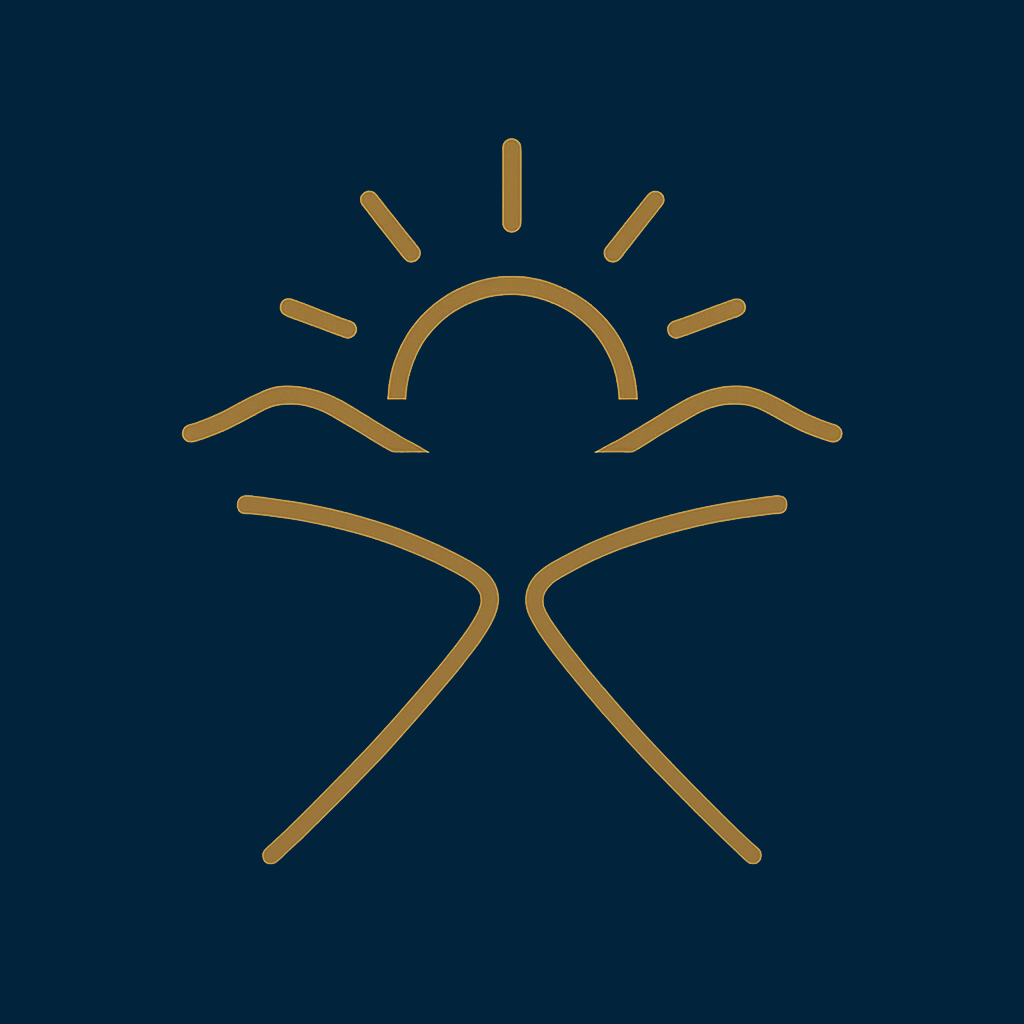 Line art illustration of a sunrise over mountains, with curving lines representing roads leading towards it, on a dark blue background.