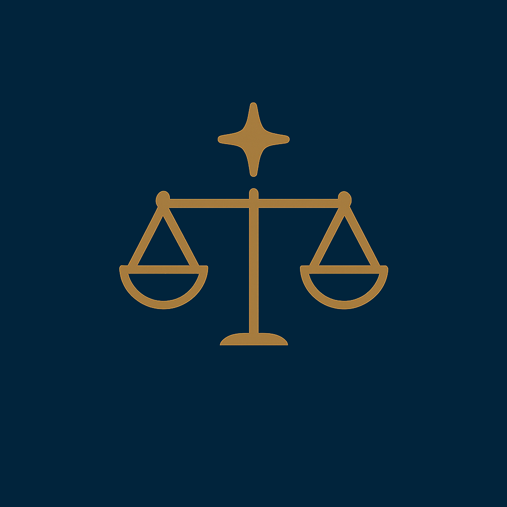 Gold scale symbol with a star above it on a dark blue background