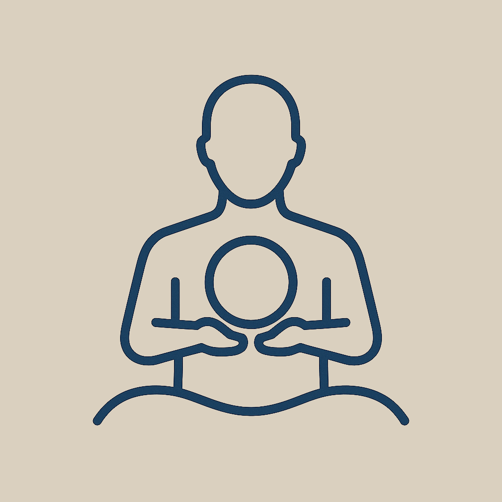 Line drawing of a person holding a sphere, sitting cross-legged.