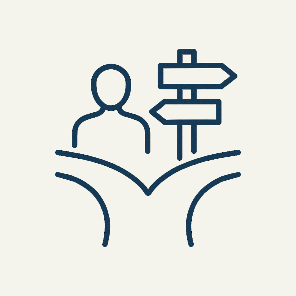 Line drawing of a person and signposts with arrows, suggesting guidance or decision-making.