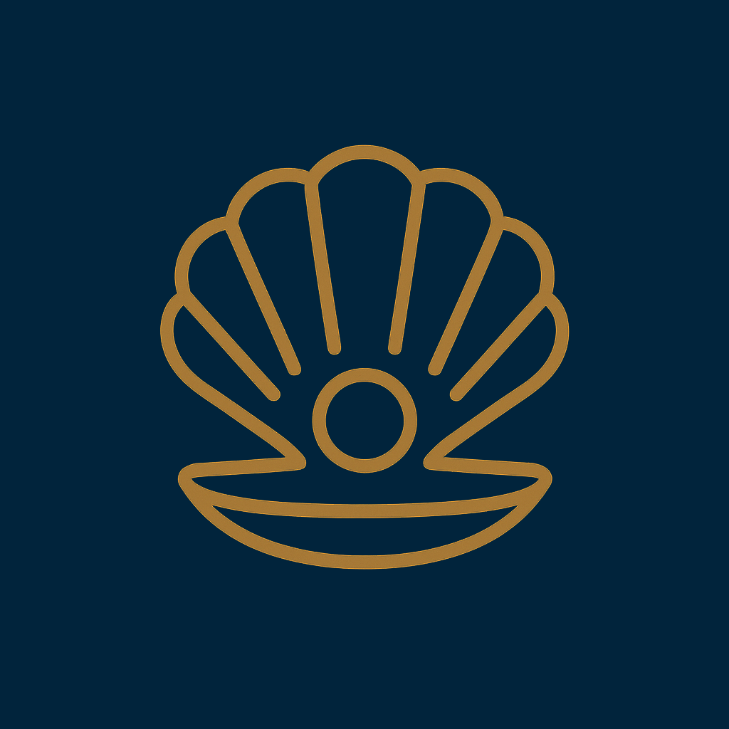 Minimalist gold outline of a seashell with a round pearl in the center, set against a dark blue background.
