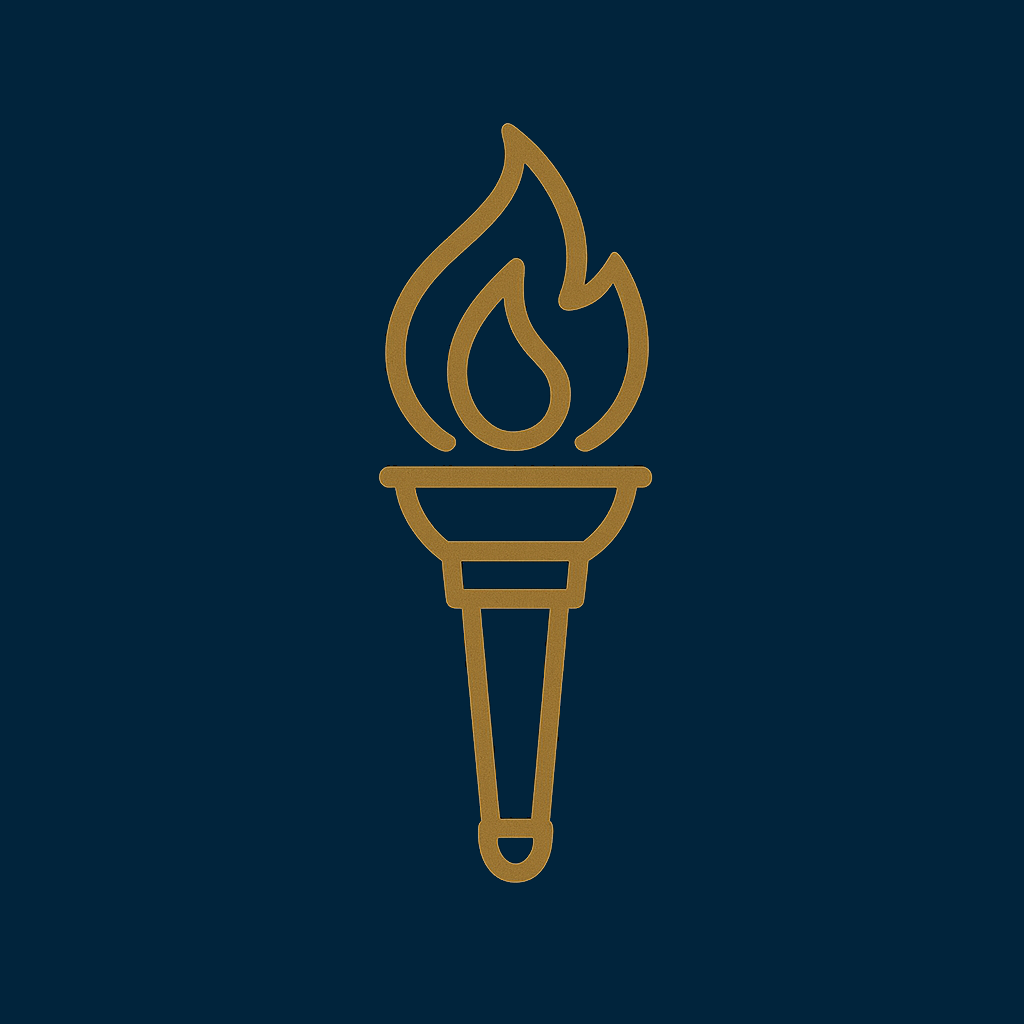 Gold outline icon of a lit torch on a dark background.