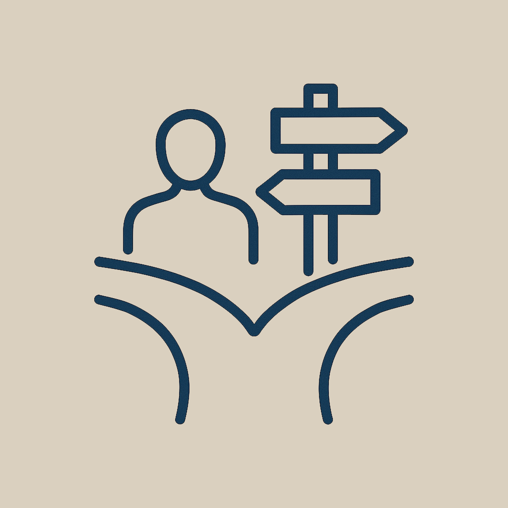 Icon of a person with two road signs pointing in different directions above them on an open book.