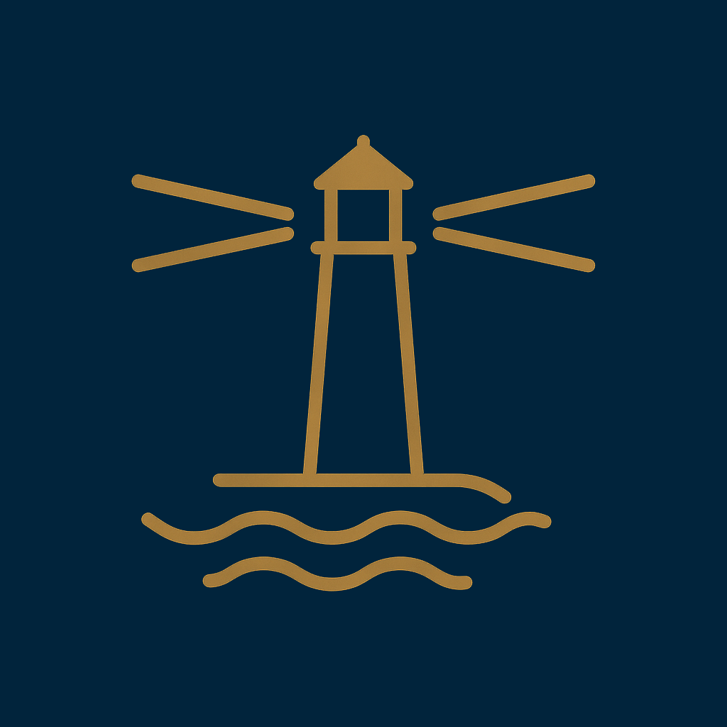 Icon of a lighthouse emitting light, with water waves at the base, in gold over a dark blue background.