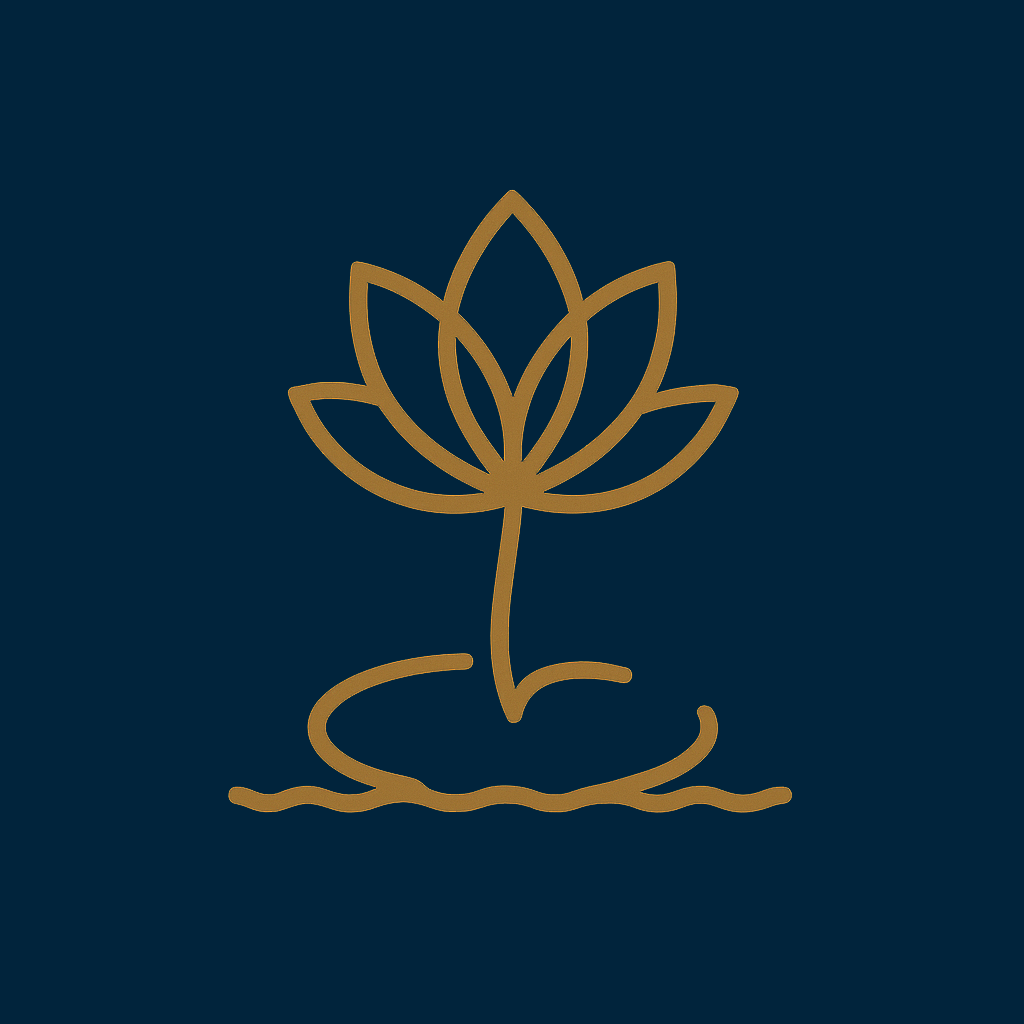 A gold outline of a lotus flower with a stem, set against a dark blue background.