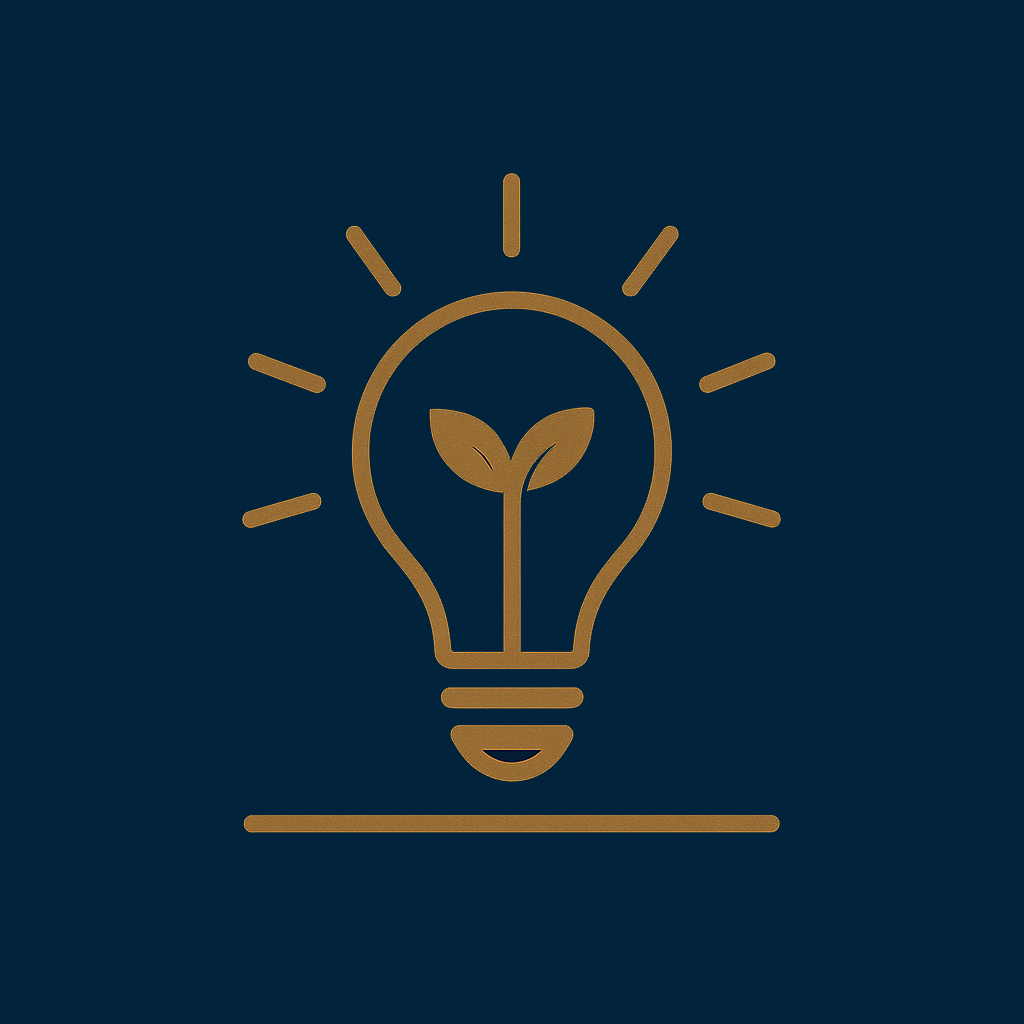 A stylized icon of a light bulb with a plant sprout inside, symbolizing green energy or sustainable ideas.