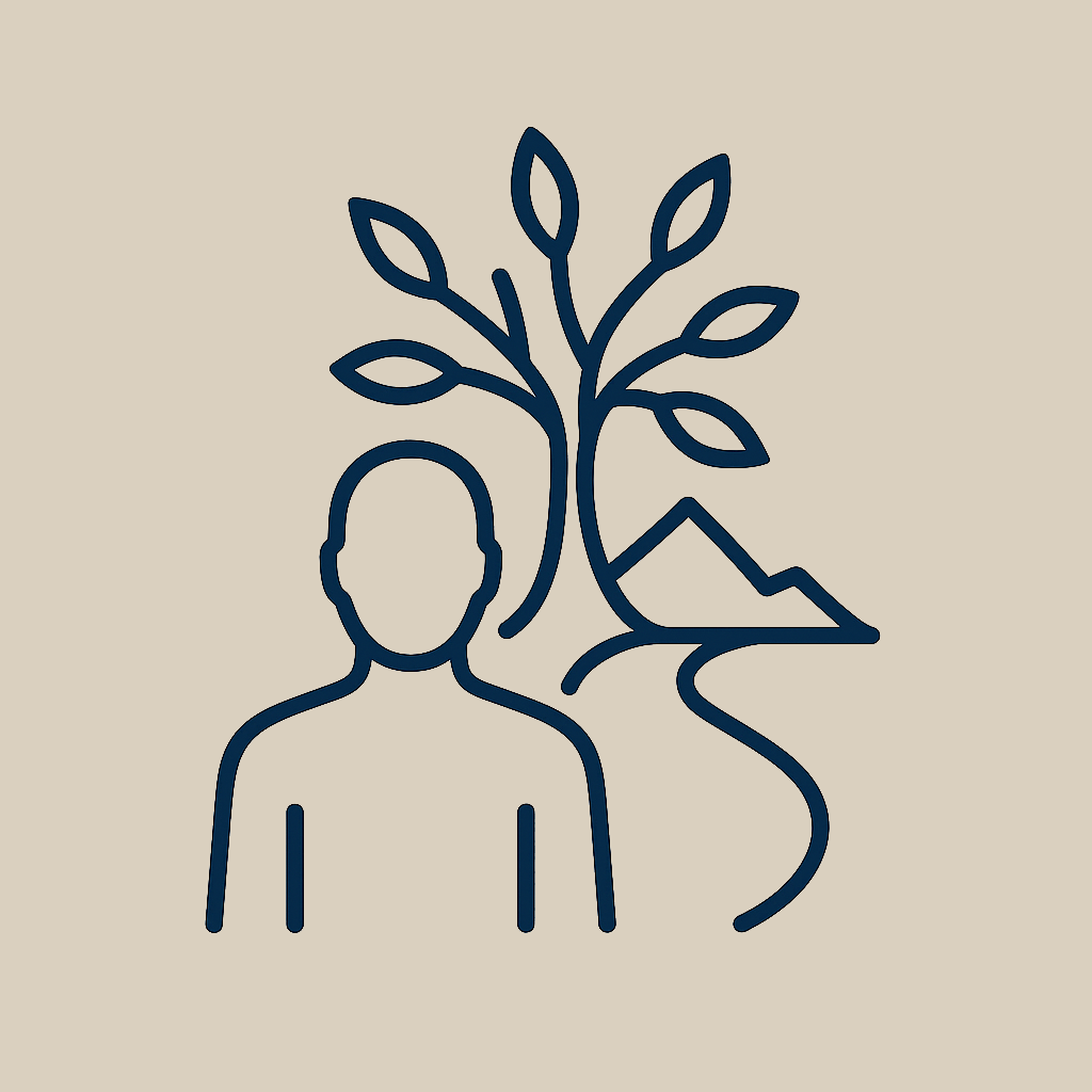 Line drawing of a person, a tree, and mountains on a beige background