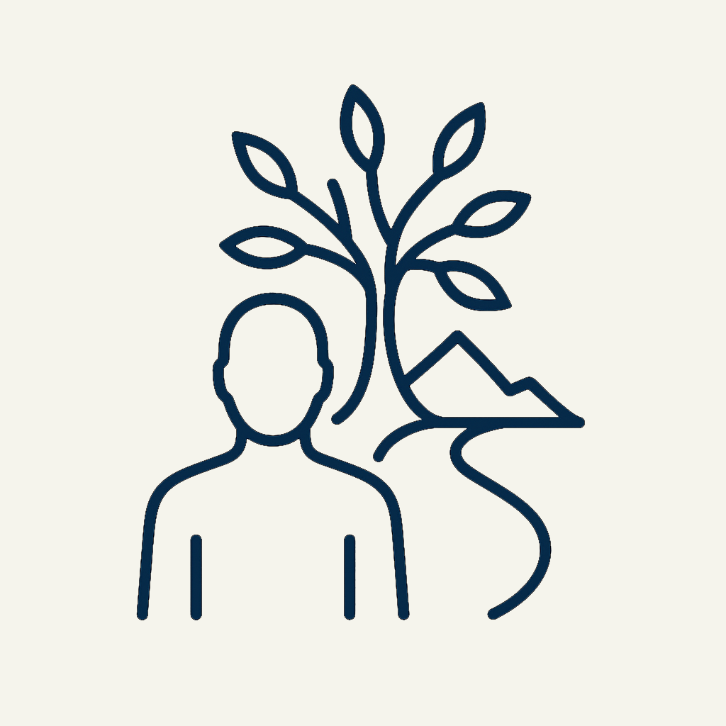 Minimalist line drawing of a person with a tree, mountain, and river in the background.