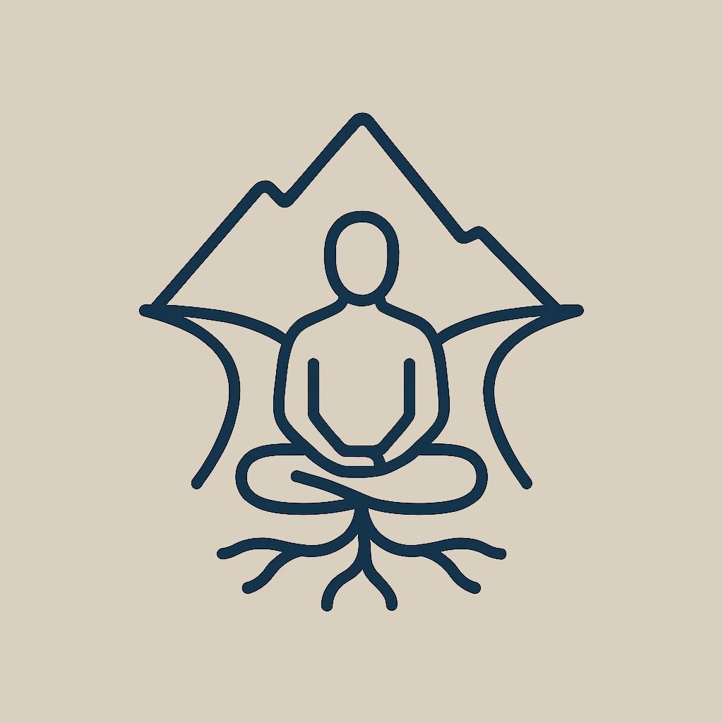 Line drawing of a person meditating in a cross-legged position with a mountain and tree outline behind them, roots extending from underneath.