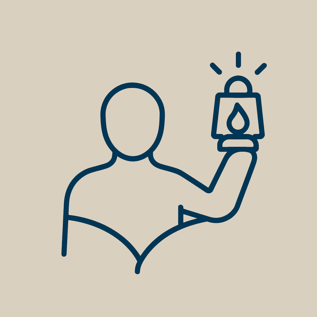 Outline drawing of a person holding a lantern or torch with light rays, no facial features or background details.