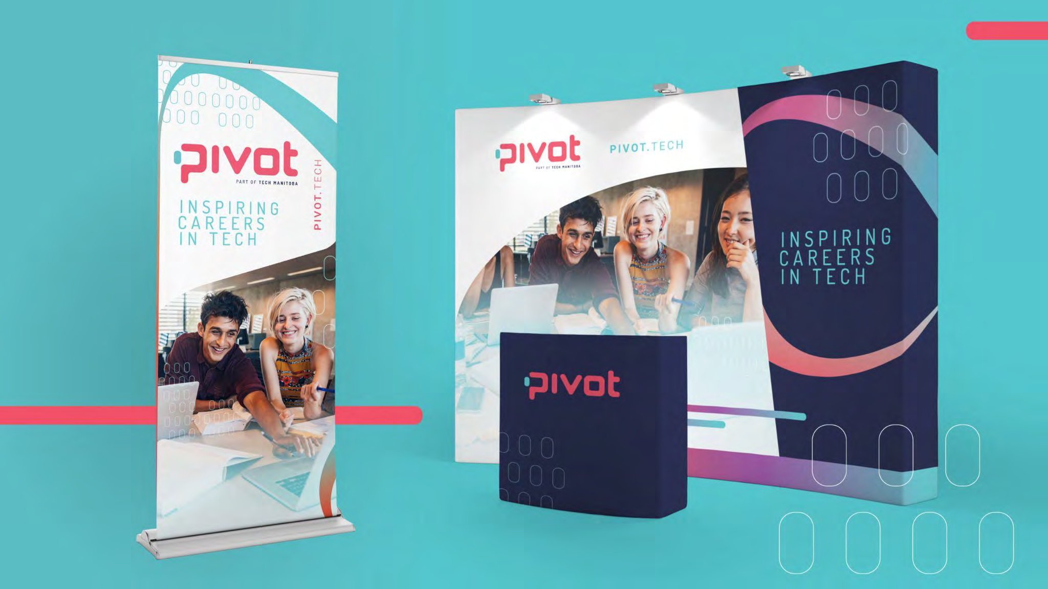 Trade show display for Pivot, a tech company, with banners and a booth showcasing the slogan "Inspiring Careers in Tech," featuring a diverse group of young people working together on laptops.