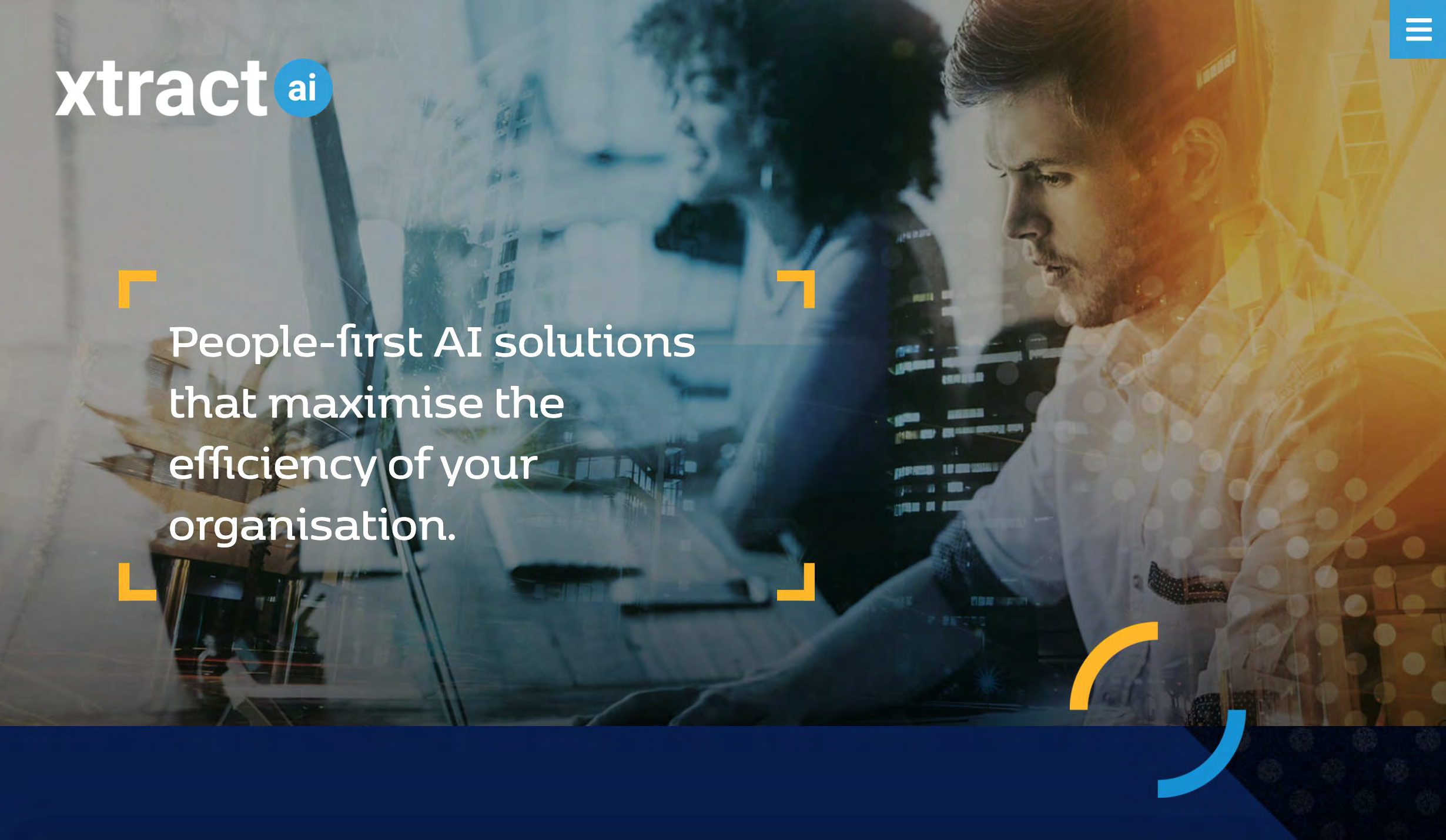 A man working at a desk with a computer, with a futuristic cityscape reflected on the screen, overlaid with text that reads 'People-first AI solutions that maximise the efficiency of your organisation' and the company's logo in the top left corner.