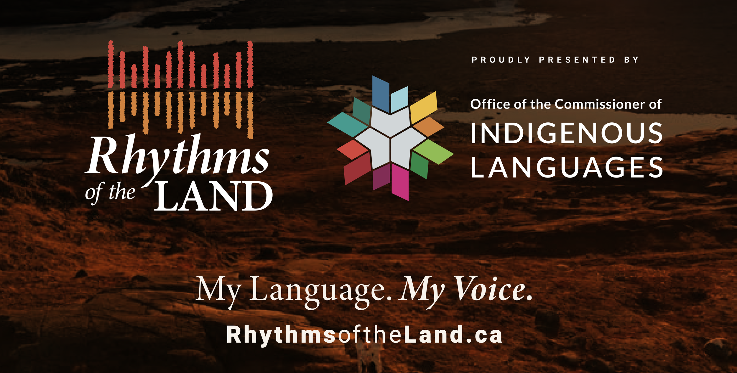 Logo for Rhythms of the Land with a background of a desert landscape during sunset. The logo features a colorful geometric star and text promoting indigenous languages.