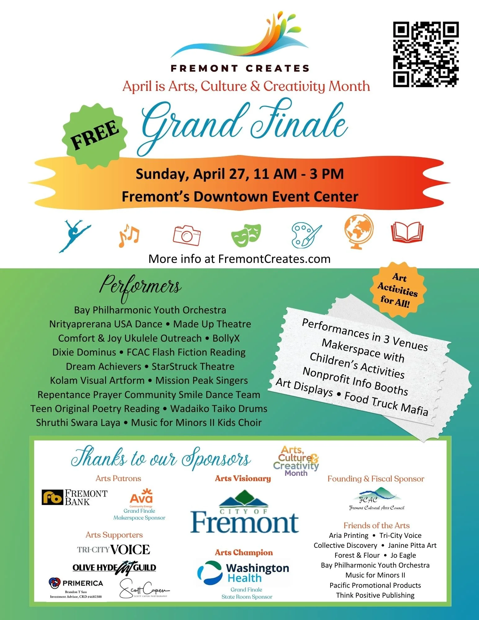 Event flyer for Fremont Create's grand finale on April 27, 2023, at Fremont's Downtown Event Center, featuring arts, culture, and creativity activities including performances, workshops, and food trucks, with sponsorship and supporter logos.
