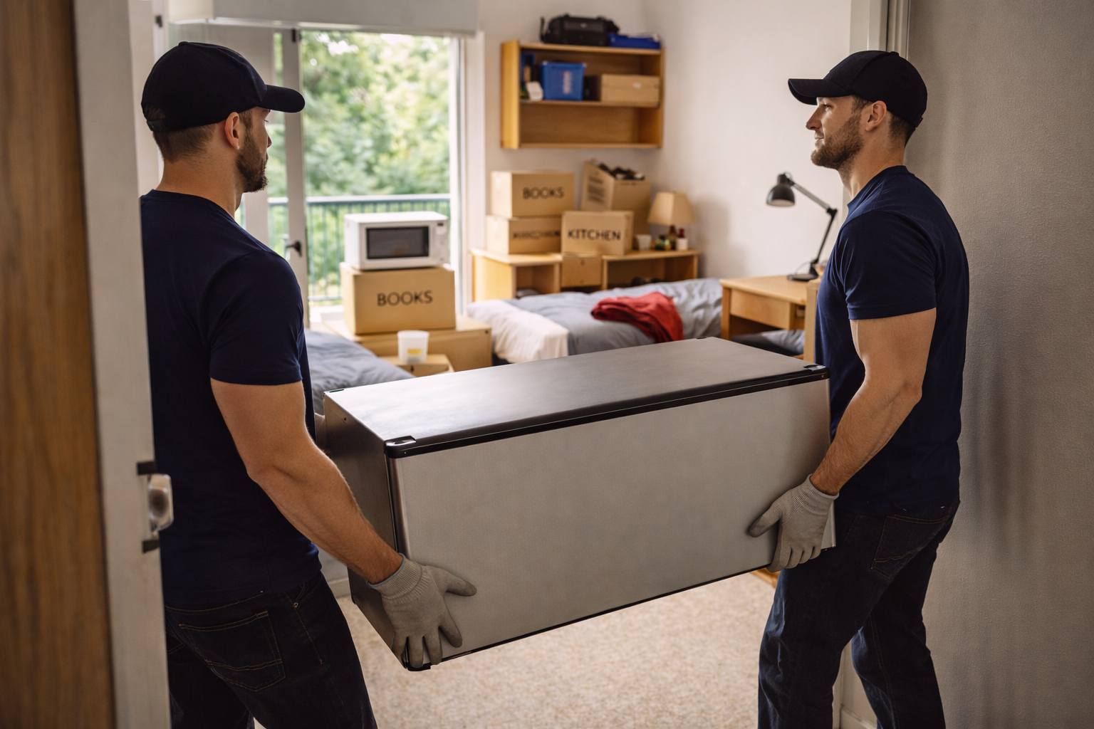 Two men wearing caps and gloves are carrying a large appliance, possibly a refrigerator, into a dorm room or small apartment. The room has two beds, cardboard boxes labeled 'BOOKS' and 'KITCHEN,' a microwave on a box, and a window with greenery outside.