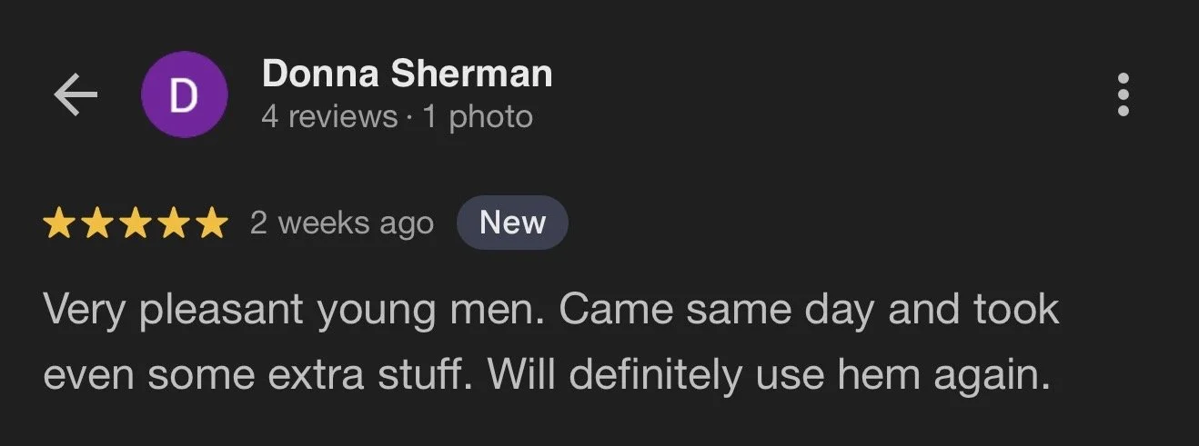 Screenshot of a Google review by Donna Sherman giving five stars, describing young men who came the same day and took extra items, expressing intent to use them again.