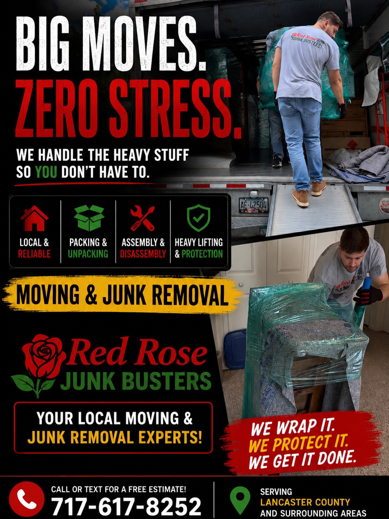 Moving soon?

Skip the stress and let us handle the heavy lifting 💪

From packed apartments to full house moves, Red Rose Junk Busters helps make moving simple with:

✔ Packing &amp; unpacking 
✔ Furniture protection 
✔ Assembly &amp; disassembly 
✔