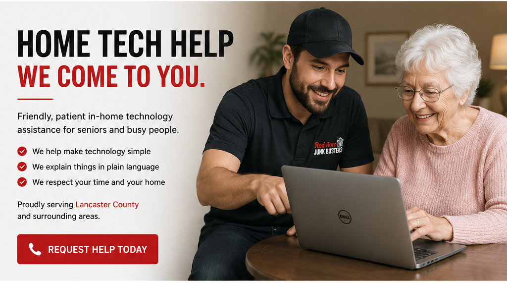 A young man offering home tech help assistance to an elderly woman using a laptop, with text promoting in-home technology support services for seniors.