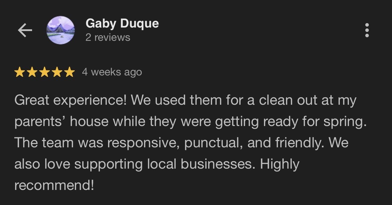 Screenshot of a Google review for Gaby Duque with five-star rating, review text praising the cleaning service for a parent’s house, mentioning the staff was responsive, punctual, friendly, and supportive of local businesses.