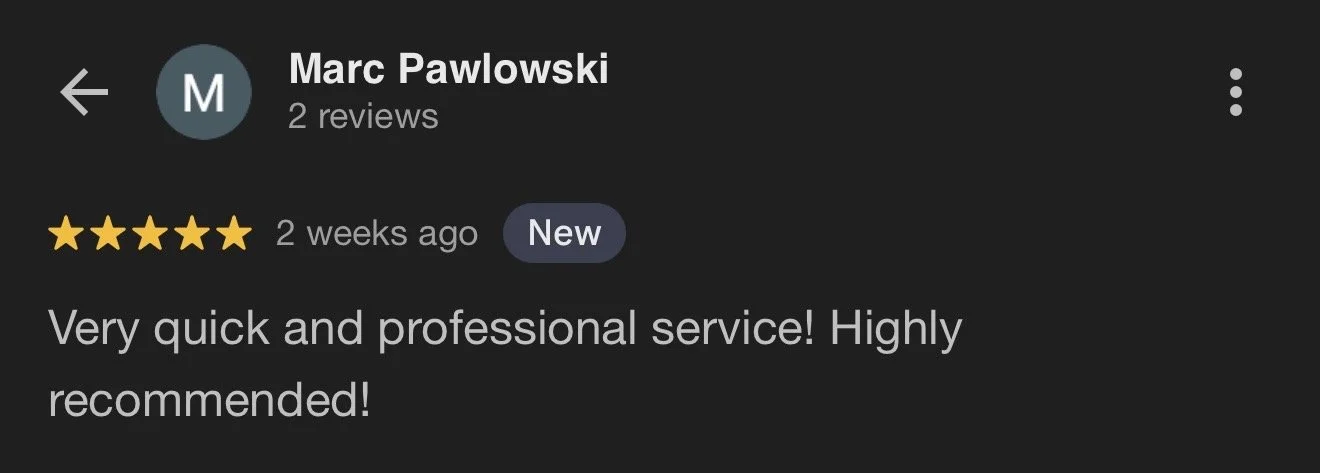Screenshot of a Google review page for Marc Pawlowski, displaying a 5-star review and the comment, 'Very quick and professional service! Highly recommended!'
