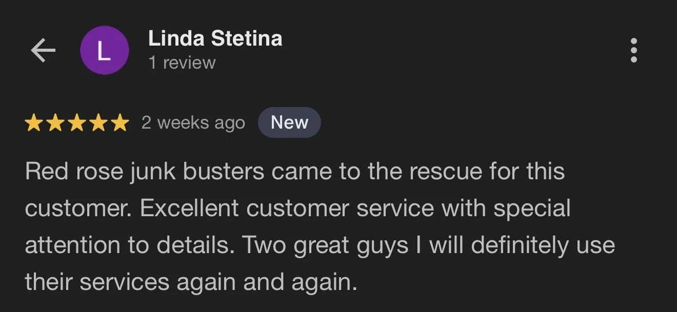 Google review for a service, showing 5-star rating, review by Linda Stetina praising customer service in red rose junk busters, with a 2-week timestamp and a 'New' label.
