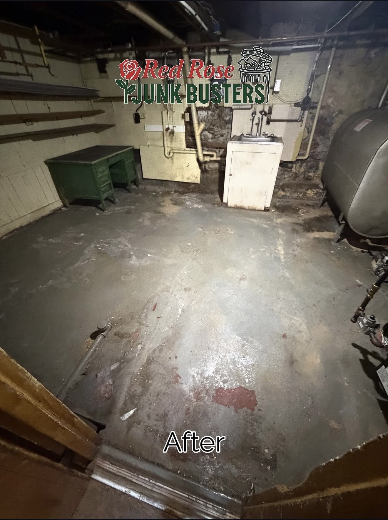 A cleaned and improved basement area with visible concrete floor, a small white sink, a green worktable, and some pipes on the wall, with a logo that reads 'Red Rose Junk Busters' and the word 'After' at the bottom.