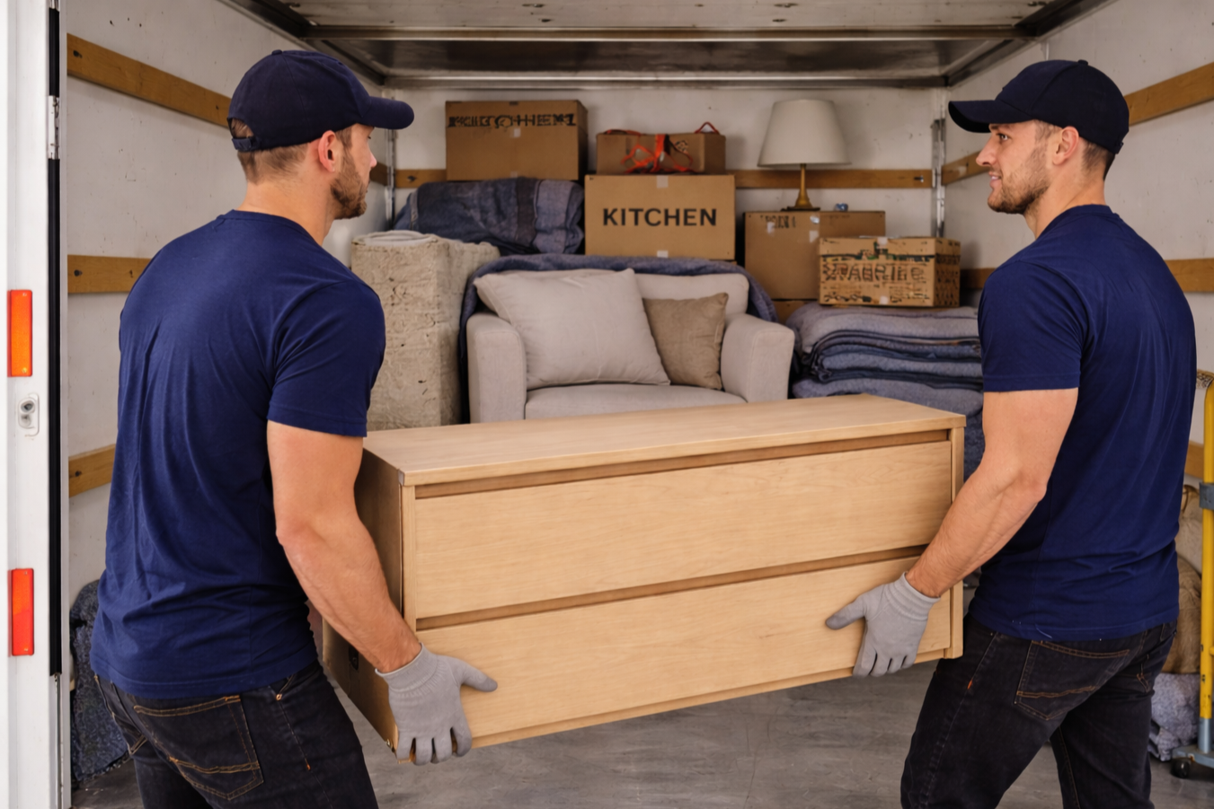 Two men in blue shirts and gray gloves moving a wooden dresser into a delivery truck. The truck is filled with boxes, blankets, and a sofa.