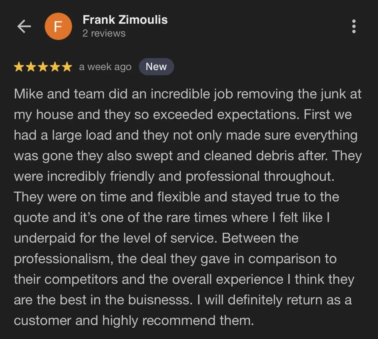 Screenshot of a Google review for a cleaning service, with five-star rating and positive comments by a customer named Frank Zimoulis.