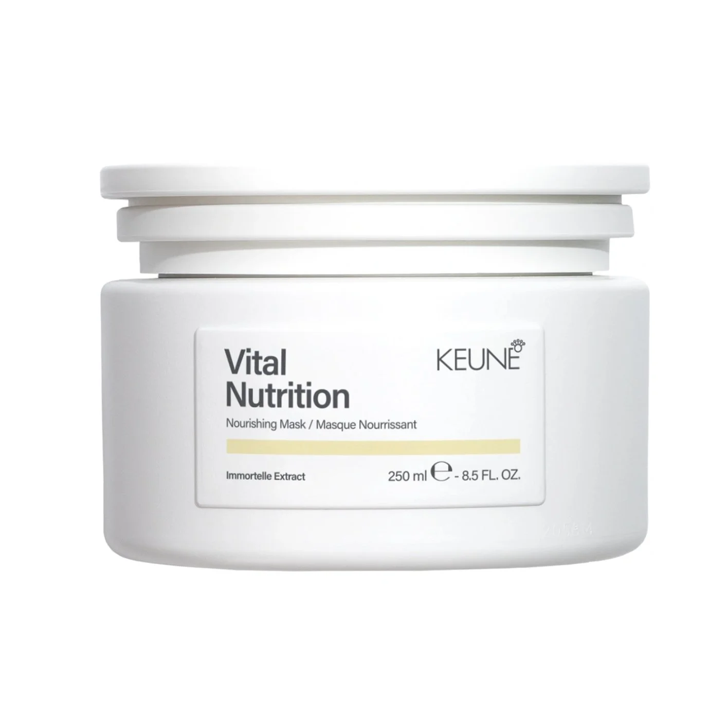 A white jar of Keune Vital Nutrition Nourishing Mask with a white lid.