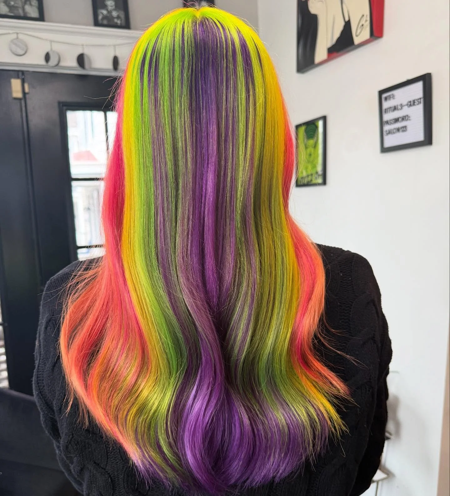 Back of a person's head with long, wavy hair dyed in rainbow colors including purple, yellow, green, and orange.
