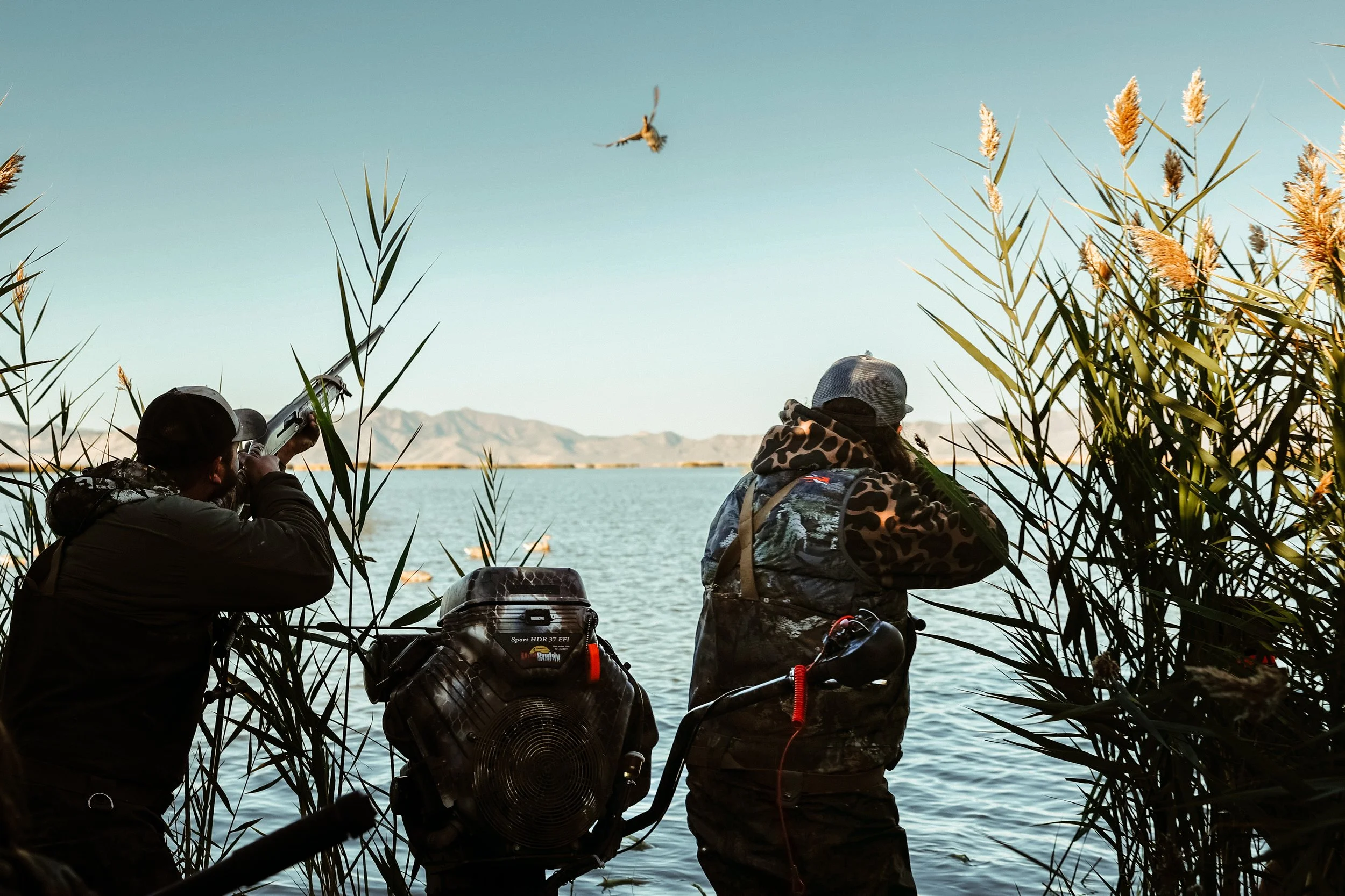 Two hunters stand among tall reeds by a lake, aiming rifles at a bird flying overhead, with mountains in the background.