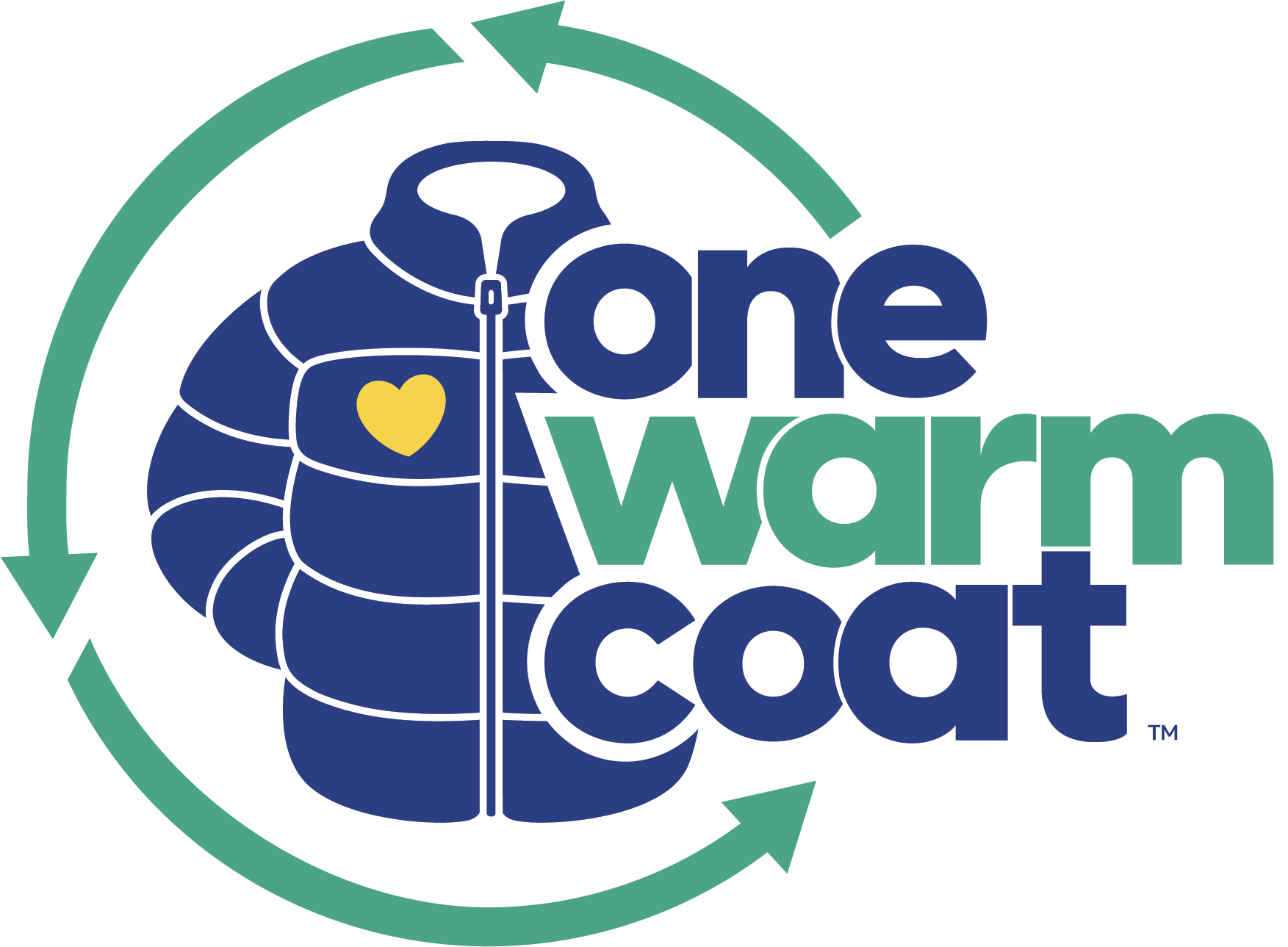 Logo for One Warm Coat featuring a blue puffer coat with a yellow heart and the text 'one warm coat' surrounded by green circular arrows.