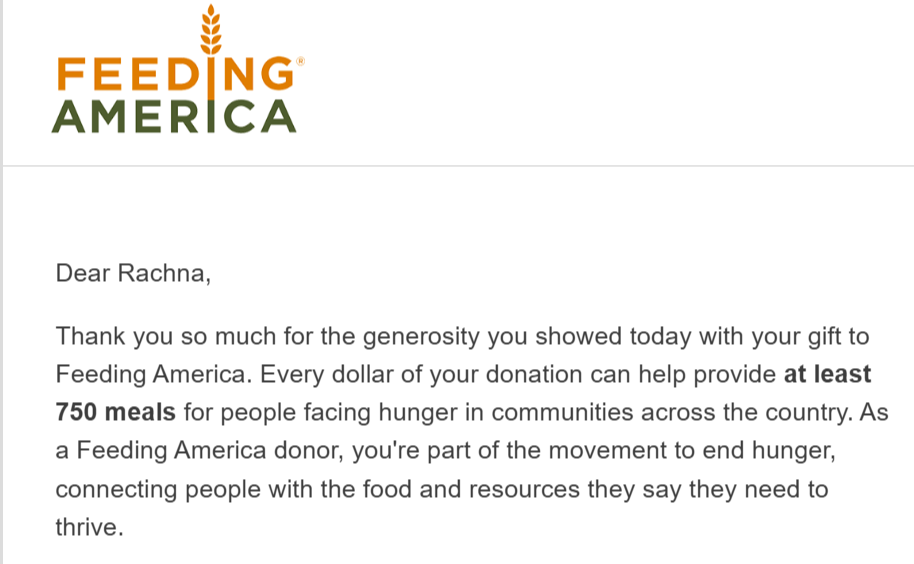 Feeding America logo featuring a wheat stalk integrated into the letter 'I' in 'FEEDING' with text thanking Rachna for a donation supporting meal programs for those facing hunger in the U.S.