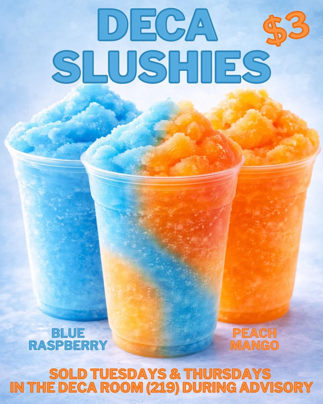 Blue or orange&hellip; or both? 💙🧡🥤 DECA Slushies are BACK! Find them in the DECA Room (219) Tuesdays &amp; Thursdays during Advisory for $3 
Flavors of the Month: Blue Raspberry &amp; Peach Mango